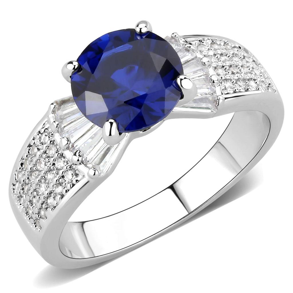 JCE1562 Rhodium Brass Ring with Synthetic Spinel in London Blue
