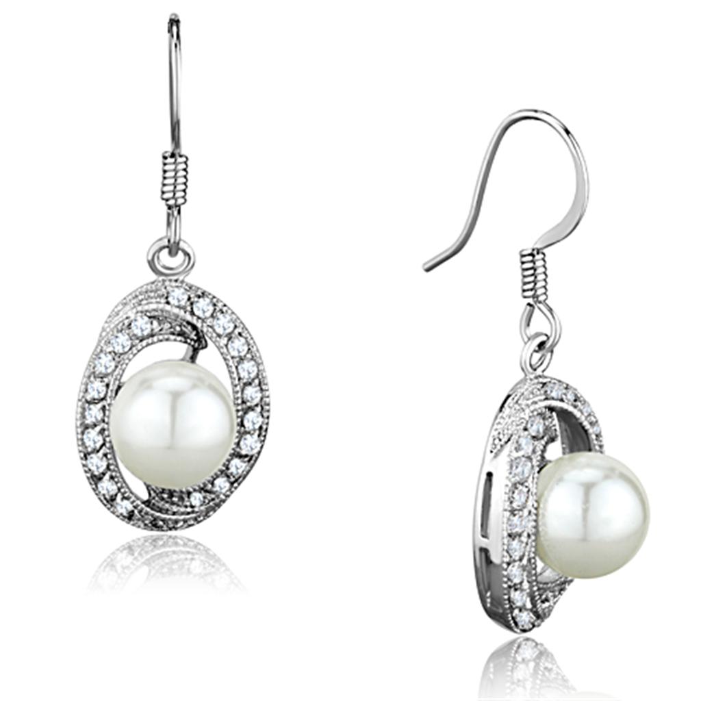 JCE673 Rhodium Brass Earrings with Synthetic Pearl in White