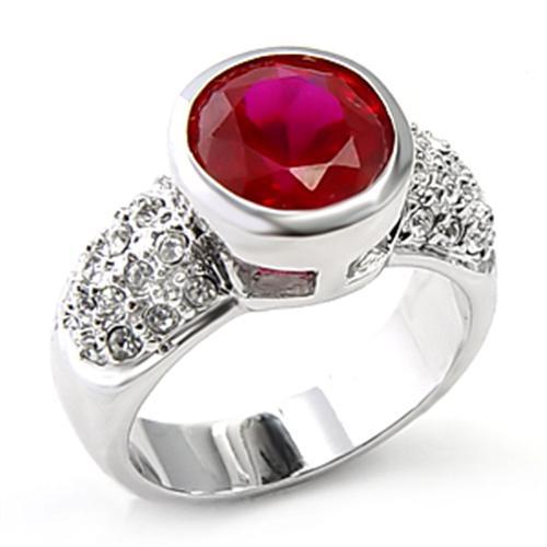 JCE223 Rhodium Brass Ring with Synthetic Garnet in Ruby