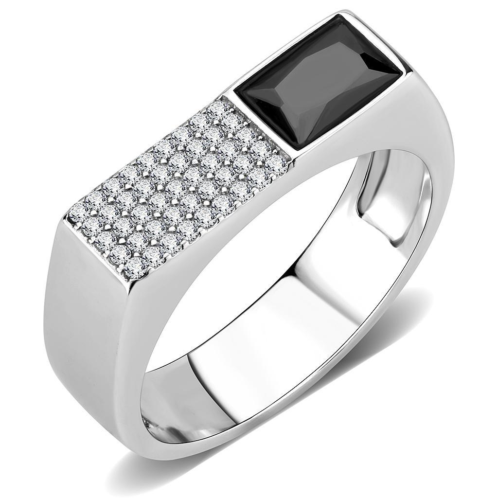 JCE252 High polished (no plating) Stainless Steel Ring with AAA Grade CZ  in Black Diamond