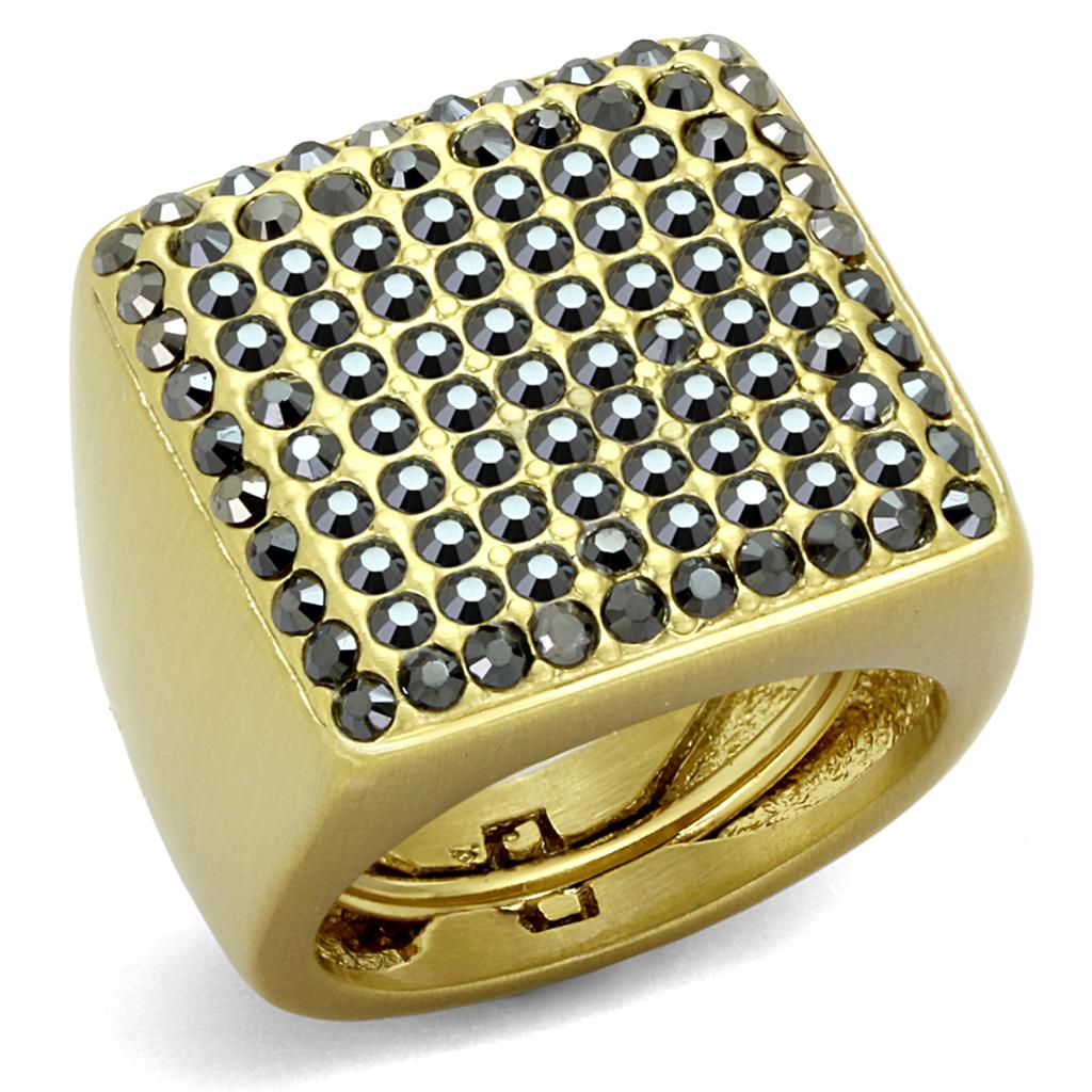 JCE3896 Gold & Brush Brass Ring with Top Grade Crystal  in Hematite