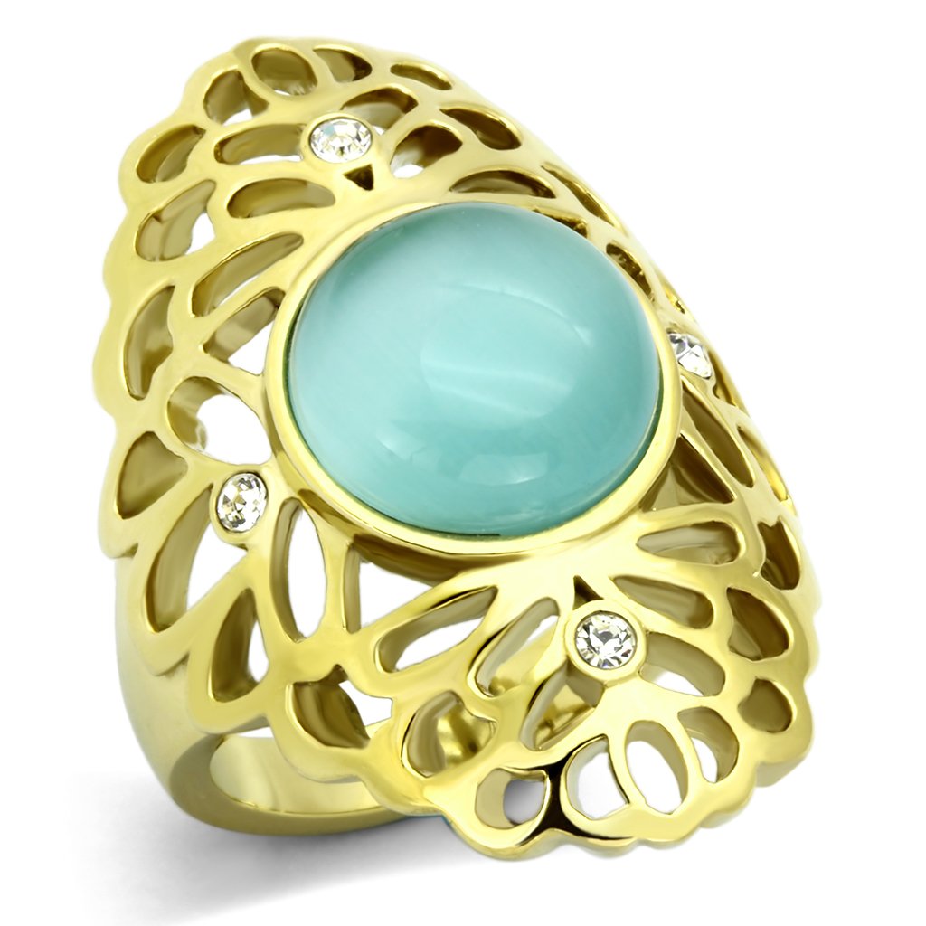 JCE1029 IP Gold(Ion Plating) Stainless Steel Ring with Synthetic Cat Eye in Light Sapphire