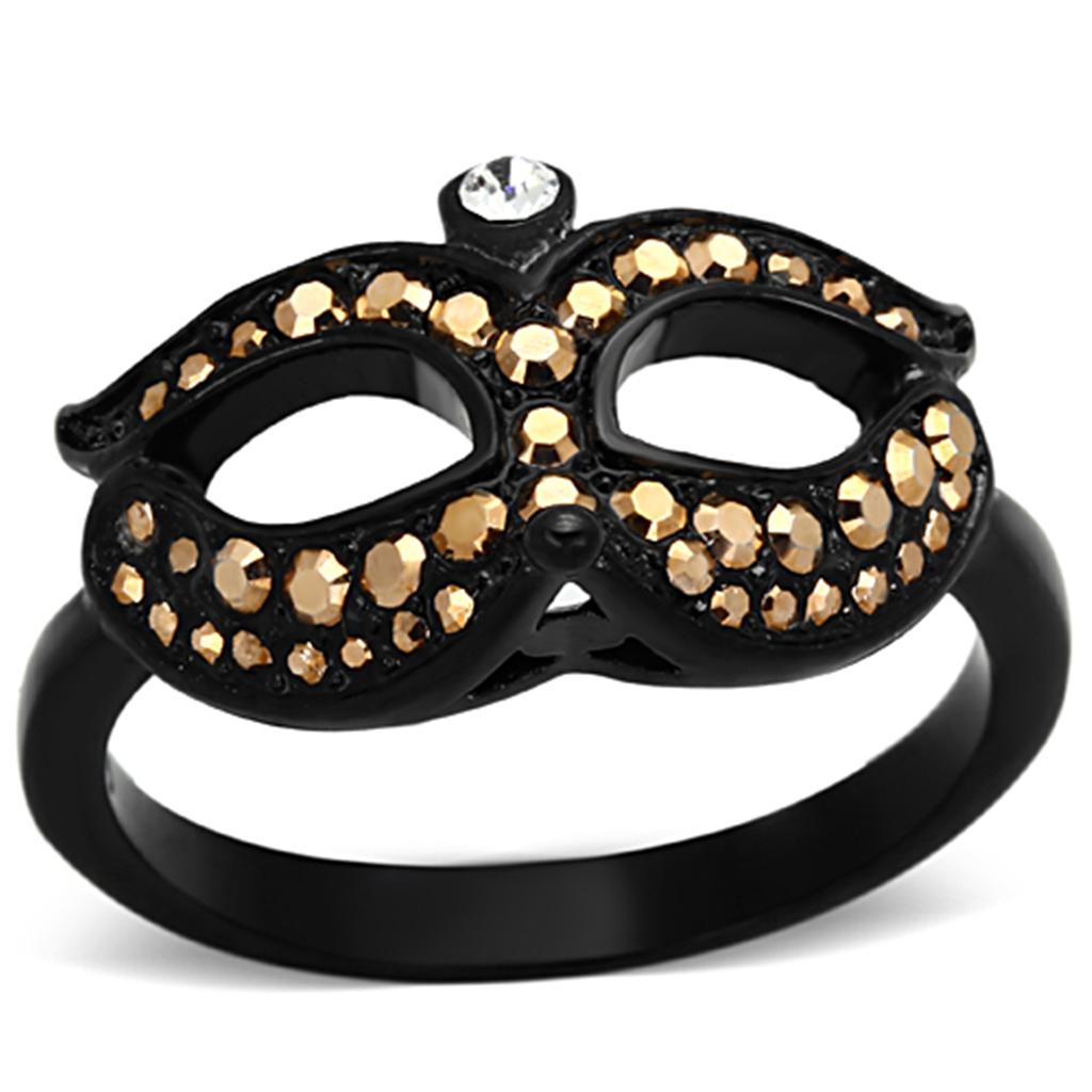 JCE1299 IP Black(Ion Plating) Stainless Steel Ring with Top Grade Crystal  in Metallic Light Gold