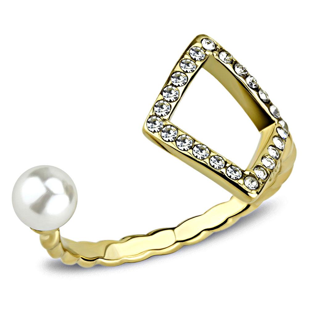 JCE3523 IP Gold(Ion Plating) Stainless Steel Ring with Synthetic Pearl in White