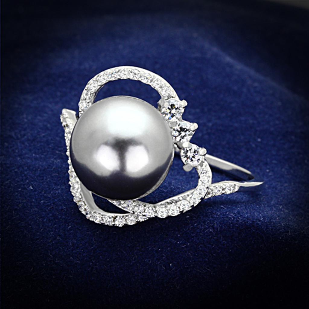 JCE153 Rhodium 925 Sterling Silver Ring with Synthetic Pearl in Gray