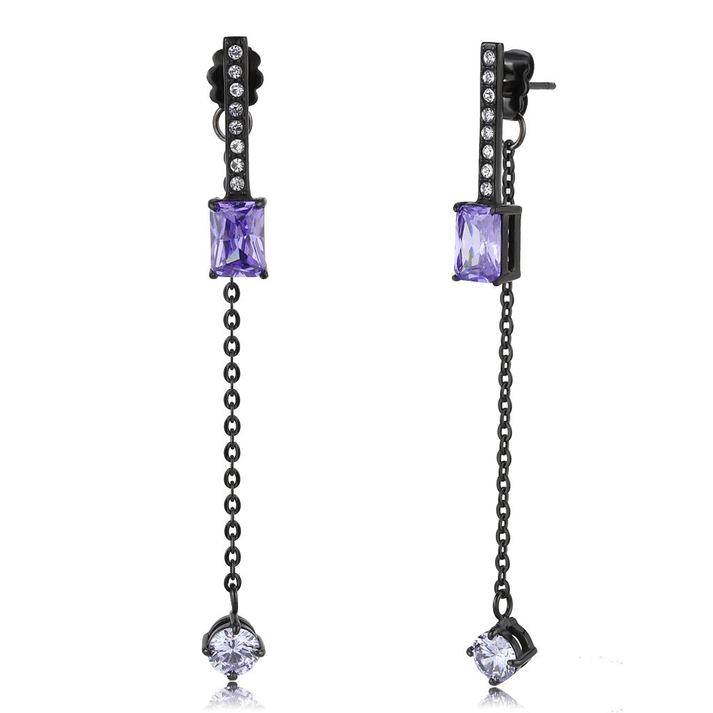 JCE3472 IP Black(Ion Plating) Stainless Steel Earrings with AAA Grade CZ  in Tanzanite